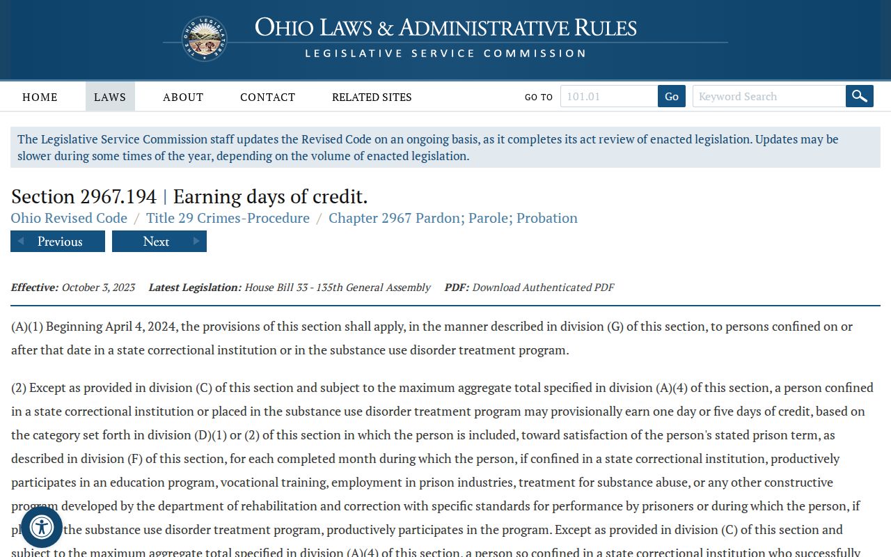 Ohio earned credit law affecting Miami County inmate release dates